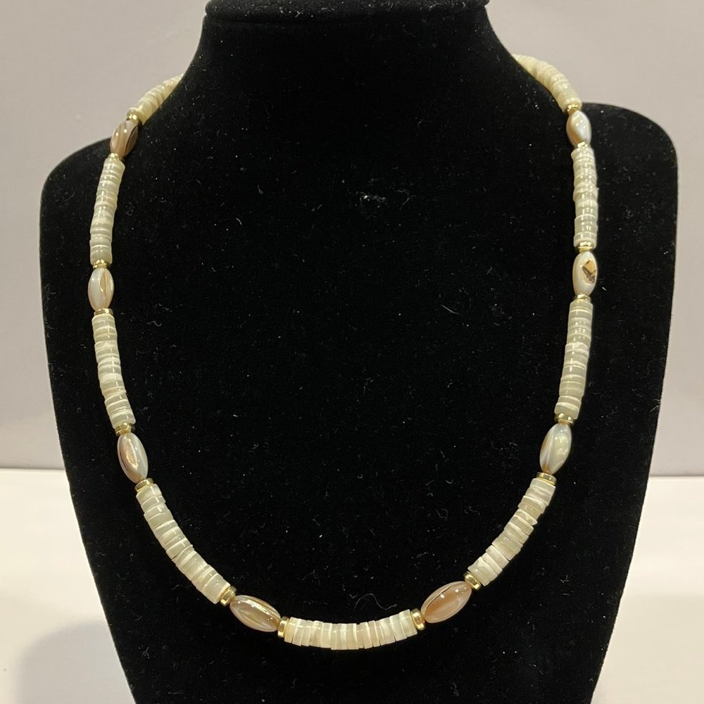 Gorgeous Genuine Heishi Shell Choker gold accents Unisex 18.5 ins Magnetic Clasp